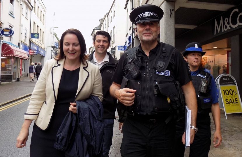 From left: PCC Alison Hernandez, MP Scott Mann, Inspector Rob Mooney and PCSO Debbie Knowlden walking down Bodmin Fore Street. 